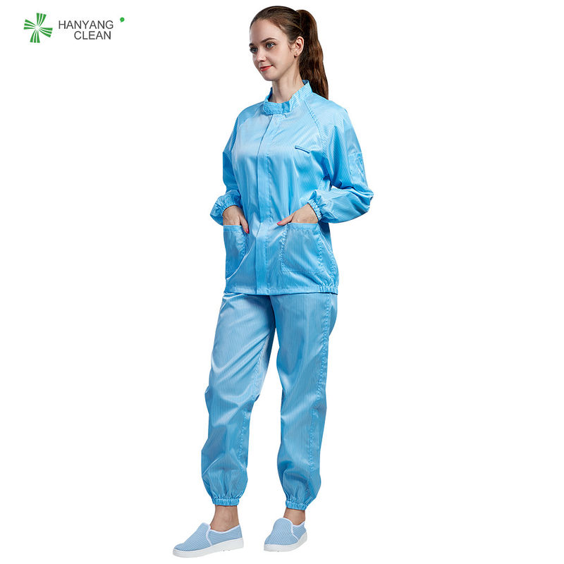 Polyester Fiber ESD Antistatic Suit Jacket Reusable Blue Cleanroom